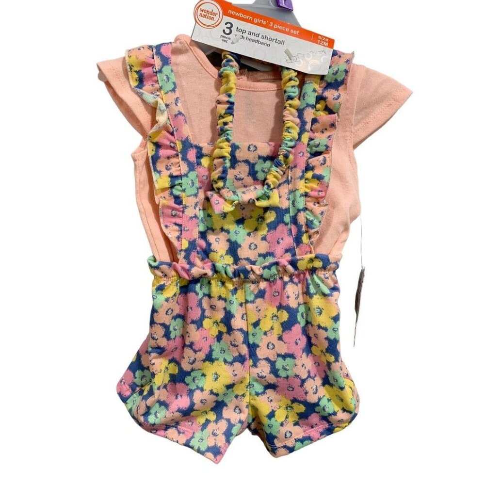 12 Months WonderNation Girls 3 Piece Shortalls Top Headband